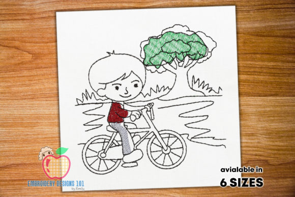 Boy Riding Bicycle in the Park: A Versatile Embroidery Design for Boutique Apparel