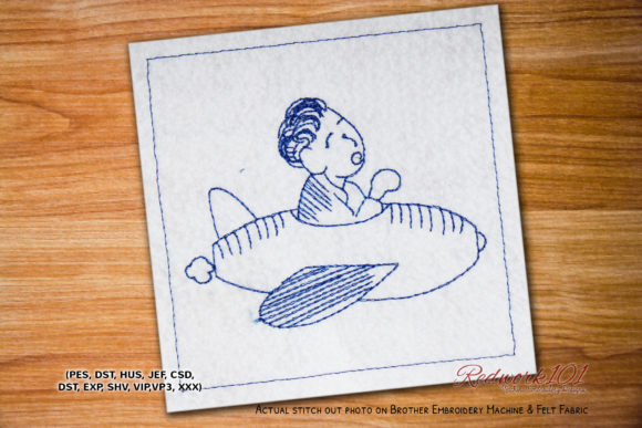 Pilot Boy on Airplane Flying Redwork for Business Embroidery